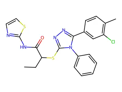 2-[[5-(3-chloro-4-methylphenyl)-4-phenyl-1,2,4-triazol-3-yl]sulfanyl]-N-(1,3-thiazol-2-yl)butanamide structure