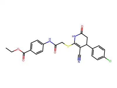 ethyl 4-(2-((4-(4-chlorophenyl)-3-cyano-6-oxo-1,4,5,6-tetrahydropyridin-2-yl)thio)acetamido)benzoate structure