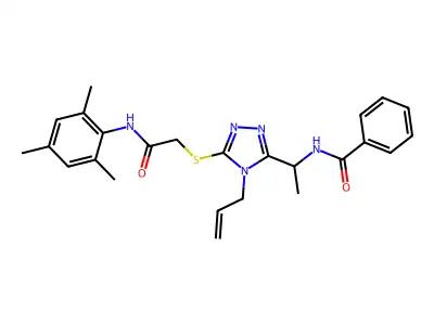 N-{1-[5-({2-oxo-2-[(2,4,6-trimethylphenyl)amino]ethyl}sulfanyl)-4-(prop-2-en-1-yl)-4H-1,2,4-triazol-3-yl]ethyl}benzamide structure
