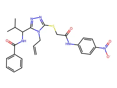 N-[2-methyl-1-[5-[2-(4-nitroanilino)-2-oxoethyl]sulfanyl-4-prop-2-enyl-1,2,4-triazol-3-yl]propyl]benzamide structure
