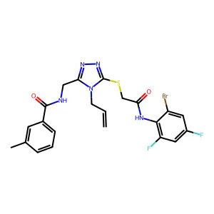 N-[[5-[2-(2-bromo-4,6-difluoroanilino)-2-oxoethyl]sulfanyl-4-prop-2-enyl-1,2,4-triazol-3-yl]methyl]-3-methylbenzamide structure