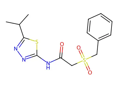 2-benzylsulfonyl-N-(5-propan-2-yl-1,3,4-thiadiazol-2-yl)acetamide structure