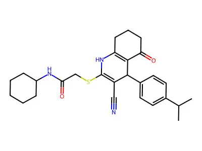 2-[[3-cyano-5-oxo-4-(4-propan-2-ylphenyl)-4,6,7,8-tetrahydro-1H-quinolin-2-yl]sulfanyl]-N-cyclohexylacetamide structure