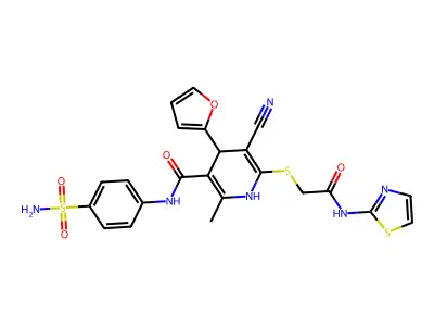 5-cyano-4-(furan-2-yl)-2-methyl-6-[2-oxo-2-(1,3-thiazol-2-ylamino)ethyl]sulfanyl-N-(4-sulfamoylphenyl)-1,4-dihydropyridine-3-carboxamide structure
