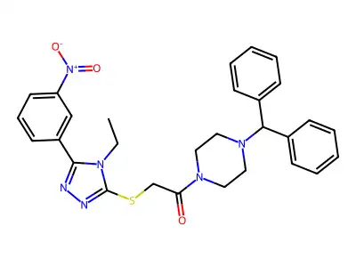 1-(4-benzhydrylpiperazin-1-yl)-2-[[4-ethyl-5-(3-nitrophenyl)-1,2,4-triazol-3-yl]sulfanyl]ethanone structure