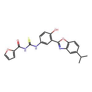 N-((4-hydroxy-3-(5-isopropylbenzo[d]oxazol-2-yl)phenyl)carbamothioyl)furan-2-carboxamide structure