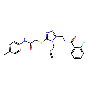 2-fluoro-N-[[5-[2-(4-methylanilino)-2-oxoethyl]sulfanyl-4-prop-2-enyl-1,2,4-triazol-3-yl]methyl]benzamide structure