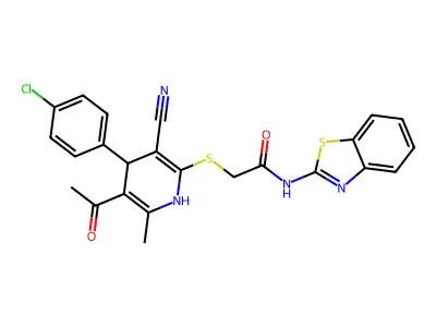 2-[[5-acetyl-4-(4-chlorophenyl)-3-cyano-6-methyl-1,4-dihydropyridin-2-yl]sulfanyl]-N-(1,3-benzothiazol-2-yl)acetamide structure