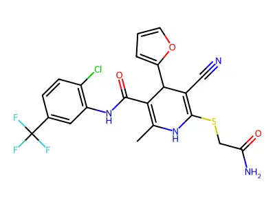 6-(2-amino-2-oxoethyl)sulfanyl-N-[2-chloro-5-(trifluoromethyl)phenyl]-5-cyano-4-(furan-2-yl)-2-methyl-1,4-dihydropyridine-3-carboxamide structure