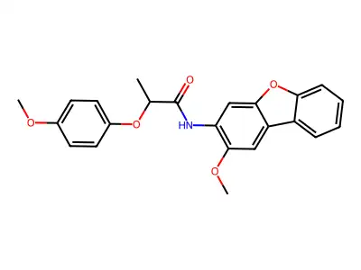 N-(2-methoxydibenzofuran-3-yl)-2-(4-methoxyphenoxy)propanamide structure