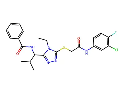 N-[1-[5-[2-(3-chloro-4-fluoroanilino)-2-oxoethyl]sulfanyl-4-ethyl-1,2,4-triazol-3-yl]-2-methylpropyl]benzamide structure