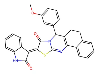 (10Z)-7-(3-methoxyphenyl)-10-(2-oxo-1,2-dihydro-3H-indol-3-ylidene)-5,7-dihydro-6H-benzo[h][1,3]thiazolo[2,3-b]quinazolin-9(10H)-one structure