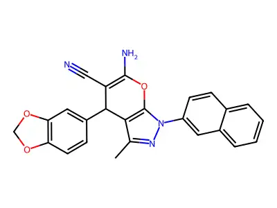 6-amino-4-(1,3-benzodioxol-5-yl)-3-methyl-1-naphthalen-2-yl-4H-pyrano[2,3-c]pyrazole-5-carbonitrile structure