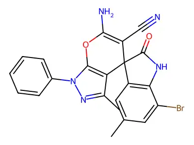 6'-amino-7-bromo-3',5-dimethyl-2-oxo-1'-phenylspiro[1H-indole-3,4'-pyrano[2,3-c]pyrazole]-5'-carbonitrile structure