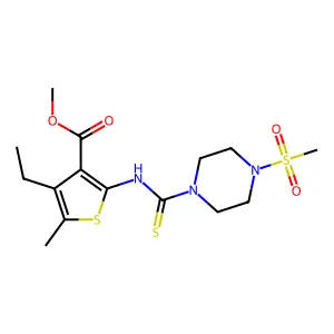 methyl 4-ethyl-5-methyl-2-({[4-(methylsulfonyl)-1-piperazinyl]carbonothioyl}amino)-3-thiophenecarboxylate structure