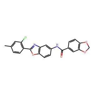 N-[2-(2-chloro-4-methylphenyl)-1,3-benzoxazol-5-yl]-1,3-benzodioxole-5-carboxamide structure