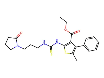 ethyl 5-methyl-2-({[3-(2-oxopyrrolidin-1-yl)propyl]carbamothioyl}amino)-4-phenylthiophene-3-carboxylate structure