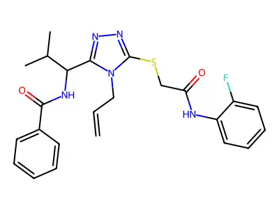 N-[1-[5-[2-(2-fluoroanilino)-2-oxoethyl]sulfanyl-4-prop-2-enyl-1,2,4-triazol-3-yl]-2-methylpropyl]benzamide structure