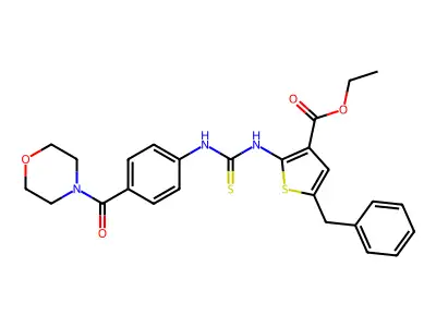 ethyl 5-benzyl-2-(3-(4-(morpholine-4-carbonyl)phenyl)thioureido)thiophene-3-carboxylate structure