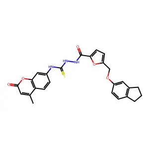 1-[[5-(2,3-dihydro-1H-inden-5-yloxymethyl)furan-2-carbonyl]amino]-3-(4-methyl-2-oxochromen-7-yl)thiourea structure