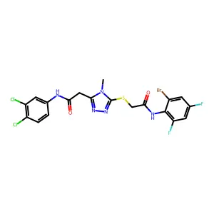 2-[5-({2-[(2-bromo-4,6-difluorophenyl)amino]-2-oxoethyl}sulfanyl)-4-methyl-4H-1,2,4-triazol-3-yl]-N-(3,4-dichlorophenyl)acetamide structure