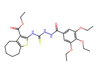 ethyl 2-(2-(3,4,5-triethoxybenzoyl)hydrazinecarbothioamido)-5,6,7,8-tetrahydro-4H-cyclohepta[b]thiophene-3-carboxylate structure