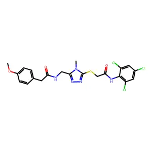 2-(4-methoxyphenyl)-N-[[4-methyl-5-[2-oxo-2-(2,4,6-trichloroanilino)ethyl]sulfanyl-1,2,4-triazol-3-yl]methyl]acetamide structure