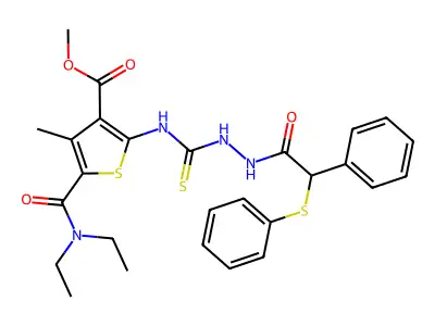 methyl 5-(diethylcarbamoyl)-4-methyl-2-[({2-[phenyl(phenylsulfanyl)acetyl]hydrazinyl}carbonothioyl)amino]thiophene-3-carboxylate structure