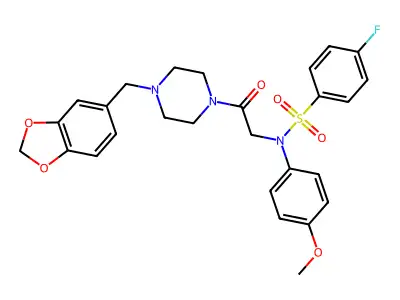 N-[2-[4-(1,3-benzodioxol-5-ylmethyl)piperazin-1-yl]-2-oxoethyl]-4-fluoro-N-(4-methoxyphenyl)benzenesulfonamide structure