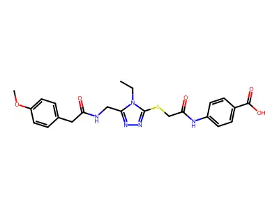 4-[({[4-ethyl-5-({[(4-methoxyphenyl)acetyl]amino}methyl)-4H-1,2,4-triazol-3-yl]sulfanyl}acetyl)amino]benzoic acid structure