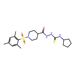 1-cyclopentyl-3-[[1-(2,4,6-trimethylphenyl)sulfonylpiperidine-4-carbonyl]amino]thiourea structure