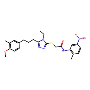 2-({4-ethyl-5-[3-(4-methoxy-3-methylphenyl)propyl]-4H-1,2,4-triazol-3-yl}sulfanyl)-N-(2-methyl-5-nitrophenyl)acetamide structure