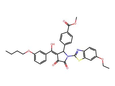 Methyl 4-{3-[(3-butoxyphenyl)(hydroxy)methylidene]-1-(6-ethoxy-1,3-benzothiazol-2-yl)-4,5-dioxopyrrolidin-2-yl}benzoate structure