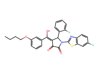 4-[(3-butoxyphenyl)-hydroxymethylidene]-1-(6-fluoro-1,3-benzothiazol-2-yl)-5-(2-fluorophenyl)pyrrolidine-2,3-dione structure