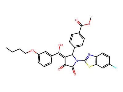 methyl 4-[3-[(3-butoxyphenyl)-hydroxymethylidene]-1-(6-fluoro-1,3-benzothiazol-2-yl)-4,5-dioxopyrrolidin-2-yl]benzoate structure