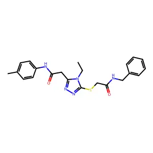 2-(5-{[2-(benzylamino)-2-oxoethyl]sulfanyl}-4-ethyl-4H-1,2,4-triazol-3-yl)-N-(4-methylphenyl)acetamide structure