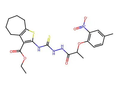 ethyl 2-(2-(2-(4-methyl-2-nitrophenoxy)propanoyl)hydrazinecarbothioamido)-5,6,7,8-tetrahydro-4H-cyclohepta[b]thiophene-3-carboxylate structure