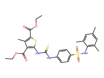 diethyl 5-(3-(4-(N-mesitylsulfamoyl)phenyl)thioureido)-3-methylthiophene-2,4-dicarboxylate structure