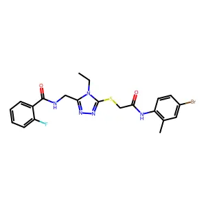 N-[[5-[2-(4-bromo-2-methylanilino)-2-oxoethyl]sulfanyl-4-ethyl-1,2,4-triazol-3-yl]methyl]-2-fluorobenzamide structure