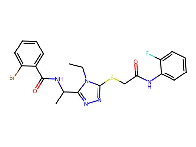 2-bromo-N-{1-[4-ethyl-5-({2-[(2-fluorophenyl)amino]-2-oxoethyl}sulfanyl)-4H-1,2,4-triazol-3-yl]ethyl}benzamide structure