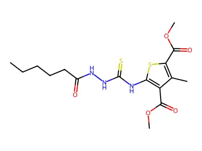 dimethyl 5-(2-hexanoylhydrazinecarbothioamido)-3-methylthiophene-2,4-dicarboxylate structure