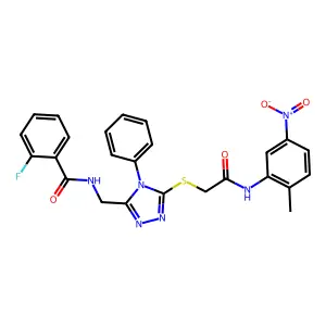 2-fluoro-N-[[5-[2-(2-methyl-5-nitroanilino)-2-oxoethyl]sulfanyl-4-phenyl-1,2,4-triazol-3-yl]methyl]benzamide structure