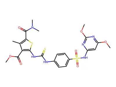 methyl 2-({[(4-{[(2,6-dimethoxypyrimidin-4-yl)amino]sulfonyl}phenyl)amino]thio xomethyl}amino)-5-(N,N-dimethylcarbamoyl)-4-methylthiophene-3-carboxylate structure