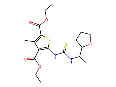 diethyl 3-methyl-5-(3-(1-(tetrahydrofuran-2-yl)ethyl)thioureido)thiophene-2,4-dicarboxylate structure