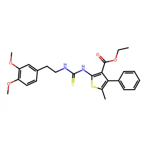 ethyl 2-(3-(3,4-dimethoxyphenethyl)thioureido)-5-methyl-4-phenylthiophene-3-carboxylate structure