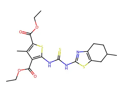diethyl 3-methyl-5-{[(6-methyl-4,5,6,7-tetrahydro-1,3-benzothiazol-2-yl)carbamothioyl]amino}thiophene-2,4-dicarboxylate structure