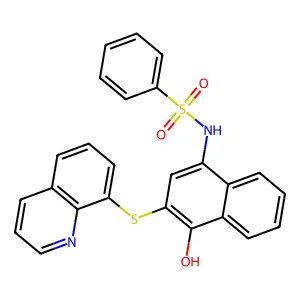 N-[4-hydroxy-3-(8-quinolinylthio)-1-naphthyl]benzenesulfonamide structure