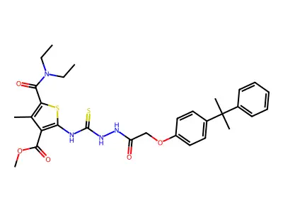 methyl 5-(diethylcarbamoyl)-4-methyl-2-(2-(2-(4-(2-phenylpropan-2-yl)phenoxy)acetyl)hydrazinecarbothioamido)thiophene-3-carboxylate structure