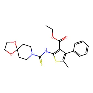 ethyl 2-(1,4-dioxa-8-azaspiro[4.5]decane-8-carbothioylamino)-5-methyl-4-phenylthiophene-3-carboxylate structure