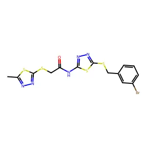 N-[5-[(3-bromophenyl)methylsulfanyl]-1,3,4-thiadiazol-2-yl]-2-[(5-methyl-1,3,4-thiadiazol-2-yl)sulfanyl]acetamide structure